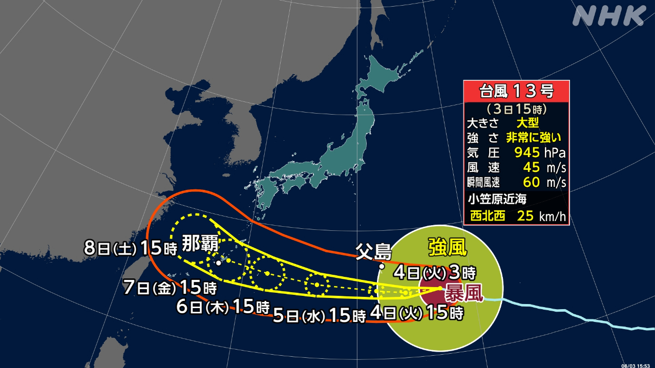 台風13号小笠原諸島に向かって進んでいる
